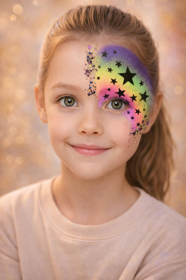 Rainbow stars face painting and glitter
