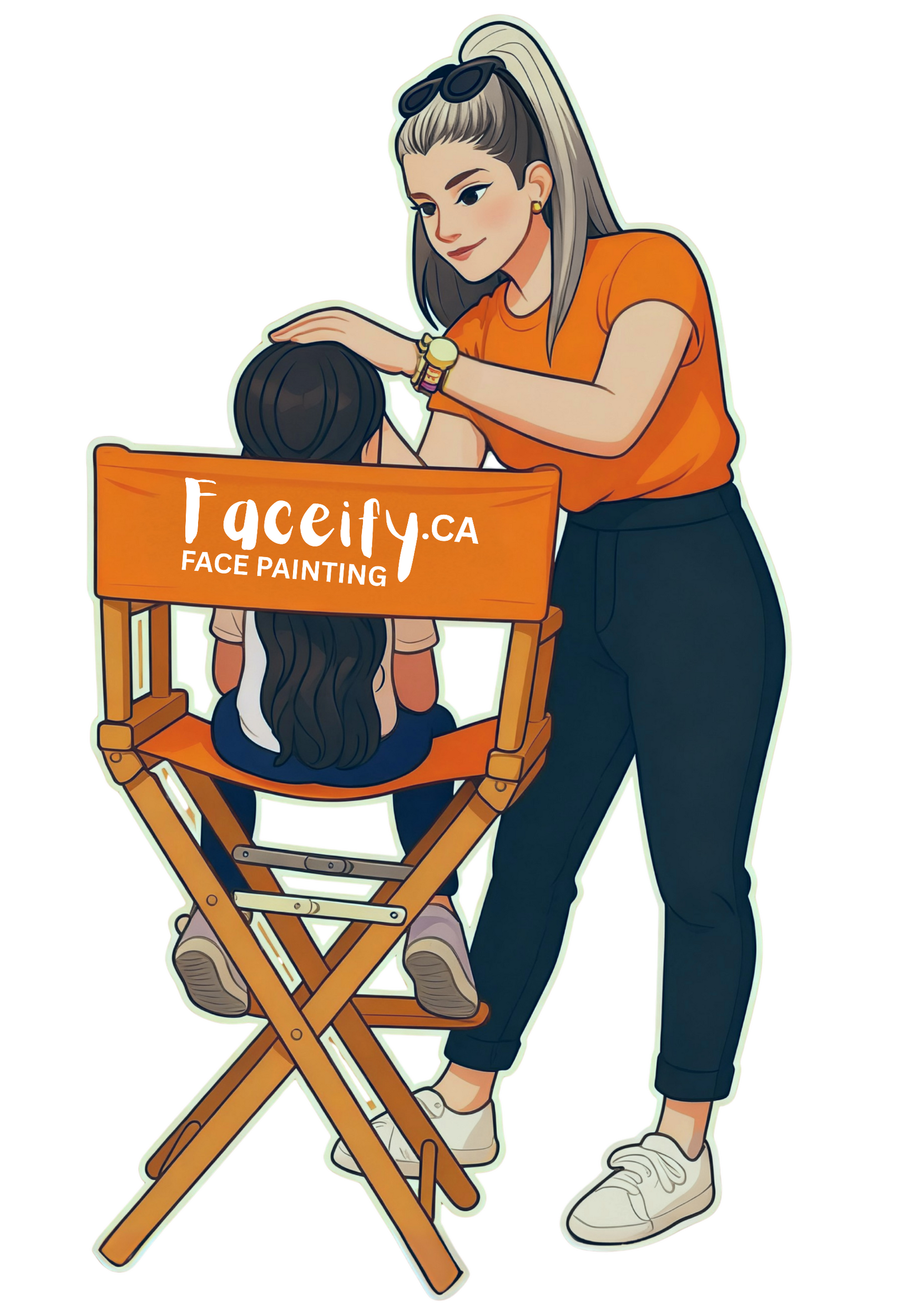 Faceify Ottawa face painter, shown in an illustration, painting a child’s face while standing behind her artist chair